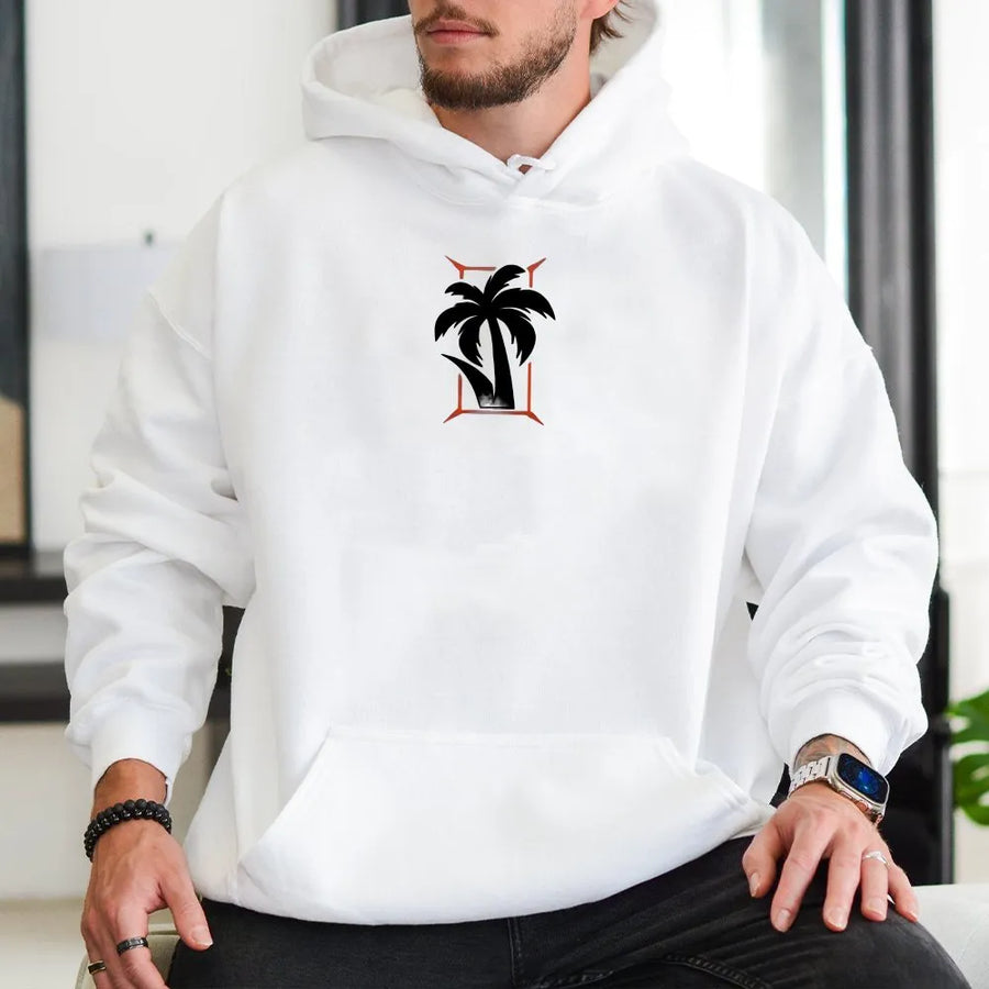 Palm Tree Hoodie | Minimalist Tropical Graphic with Geometric Frame | Soft 100% Cotton | Unisex Summer Vacation Gift