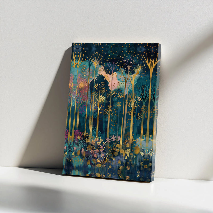 Teal and Gold Forest Canvas Wall Art | Enchanted Woodland Abstract Print | Premium Gallery Wrapped Decor | Modern Home Office Living Room Gift