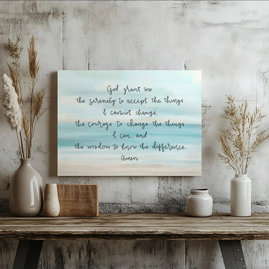 Serenity Prayer Wall Art | Coastal Watercolor Beach Landscape | Premium Gallery Wrapped Canvas | Inspirational Christian Gift for Home Decor
