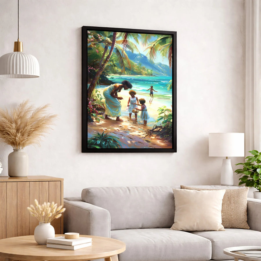 Black Mother and Daughters Canvas Print | Tropical Beach Family Scene | Premium Gallery-Wrap Art | Meaningful Gift for Mom