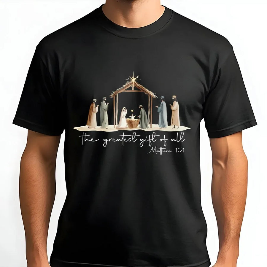 Nativity Scene T-Shirt | The Greatest Gift Of All Christian Graphic | Premium Soft Cotton Tee | Religious Christmas Gift For Women Men