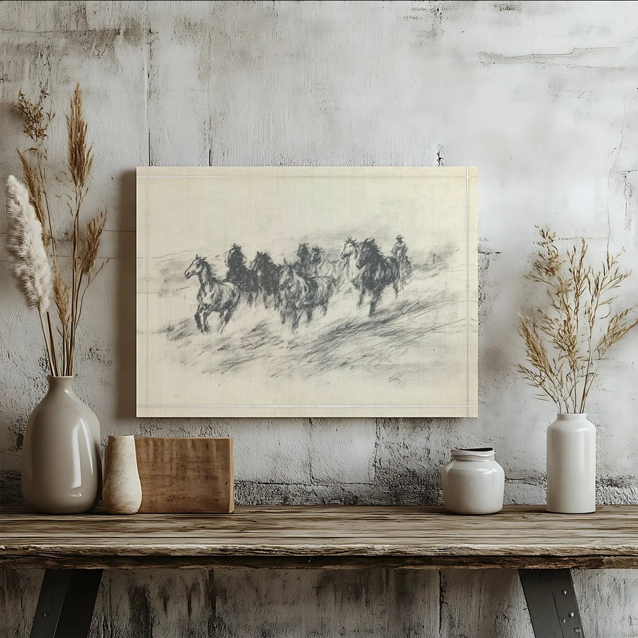 Western Horse Canvas Wall Art | Cowboy Herding Wild Horses Charcoal Sketch | Premium Gallery Wrap Canvas | Rustic Farmhouse Home Decor Gift