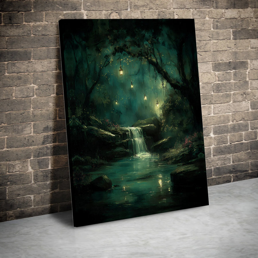 Enchanted Forest Canvas Wall Art | Dark Fantasy Waterfall with Glowing Lanterns | Premium Canvas Print | Mystical Home Decor Gift for Fantasy Lovers