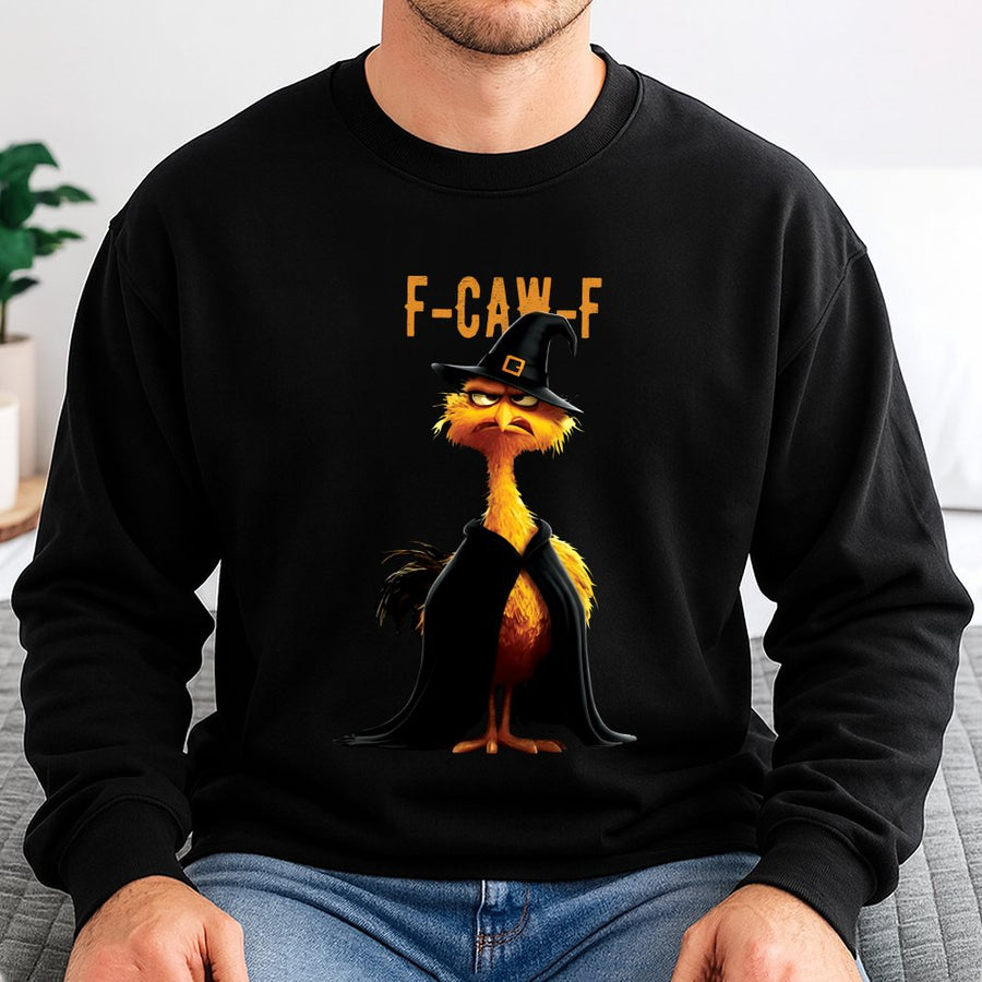 F-Caw-F Witch Chicken Sweatshirt | Funny Halloween Pun Graphic Tee | Premium Cotton Blend Crewneck | Spooky Gift For Bird Lovers