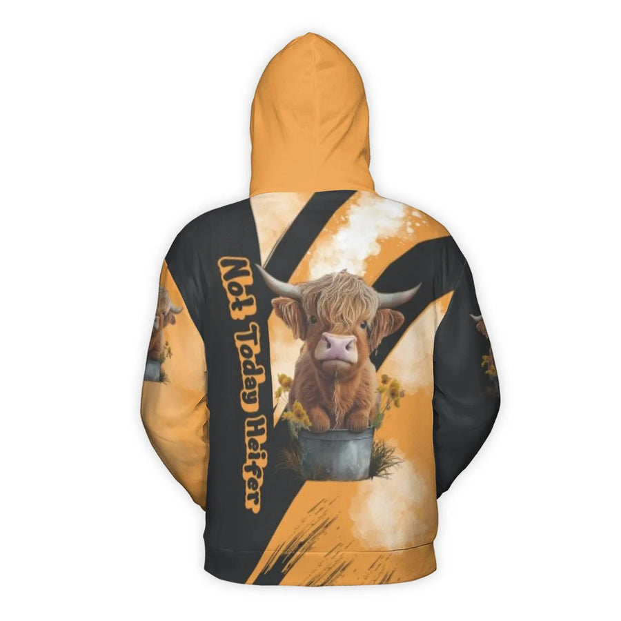 Not Today Heifer Hoodie | Highland Cow 3D Graphic Print | Premium Polyester Brushed Fleece | Funny Farm Animal Gift for Her