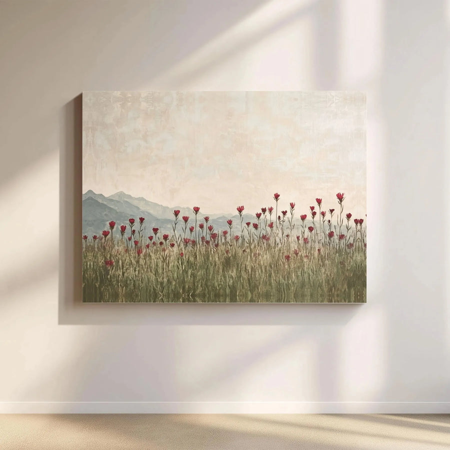 Mountain Landscape Canvas Wall Art | Red Wildflower Meadow Print | Premium 1.25" Gallery Wrap | Boho Farmhouse Home Decor Gift