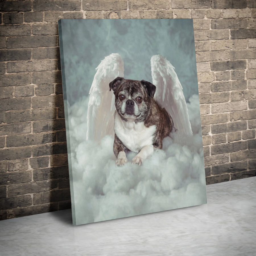 Dog Memorial Canvas Print | Brindle Pug Angel on Cloud Art | Premium Gallery Canvas | Sympathy Gift for Pet Loss Remembrance
