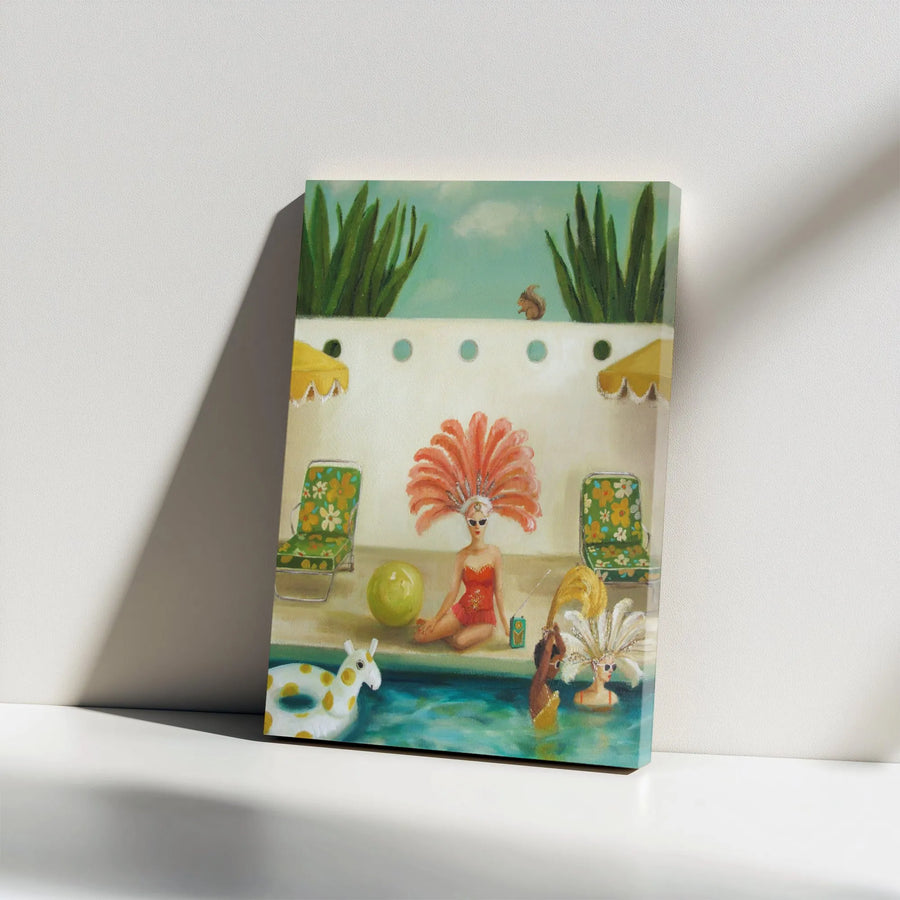 Retro Poolside Party Vertical Canvas | Surreal Mid Century Pool Scene | Premium High-Resolution Canvas Print | Eclectic Wall Art Gift