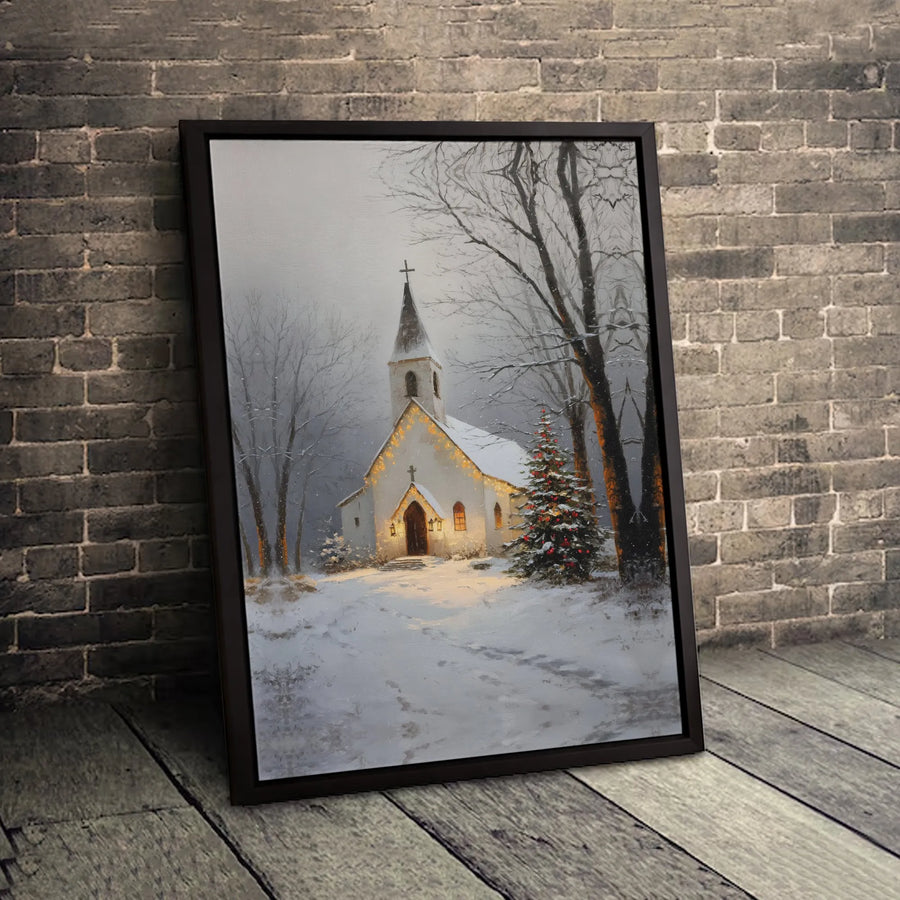 Winter Church Canvas Wall Art | Snowy Christmas Tree Scene | Premium 1.25 Inch Gallery Wrap | Holiday Home Decor Gift