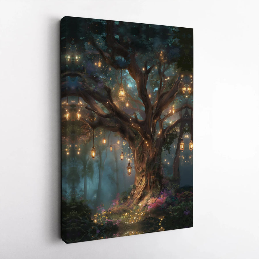 Enchanted Forest Canvas Print | Magical Glowing Lantern Tree Wall Art | Premium 1.25" Gallery Wrap | Fantasy Home Decor Gift