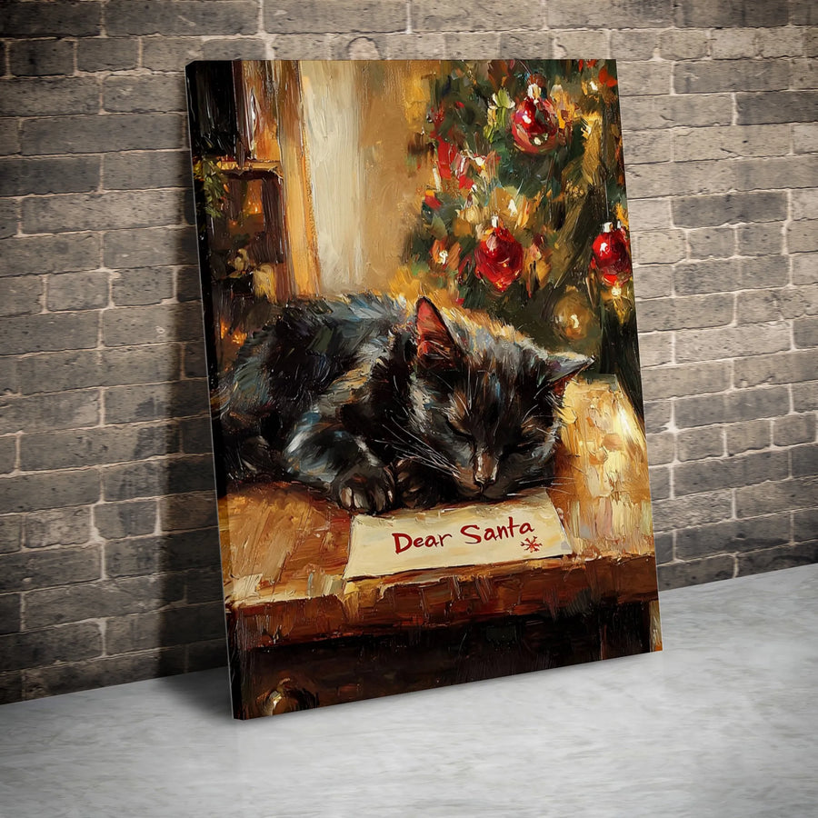 Christmas Cat Canvas Wall Art | Sleeping Black Cat with Santa Letter | Premium Gallery Print | Holiday Decor Gift for Cat Lover