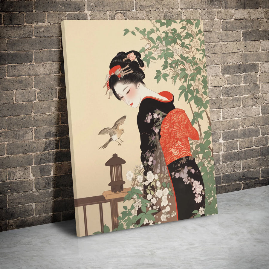 Japanese Geisha Wall Art | Ukiyo-e Inspired Floral Illustration | Premium Gallery Wrap Canvas | Aesthetic Home Decor Gift