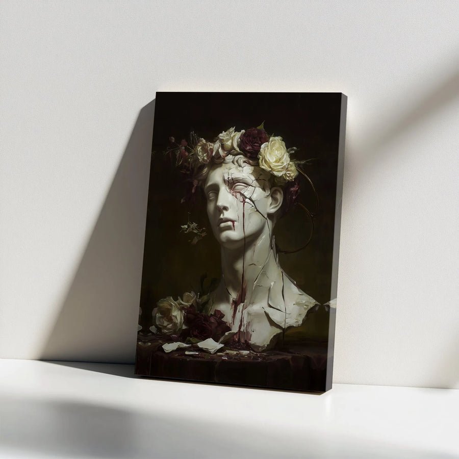 Greek Statue Canvas Wall Art | Cracked Marble Bleeding Bust with Rose Crown | Premium Gallery Wrap Decor | Dark Academia Gothic Home Gift