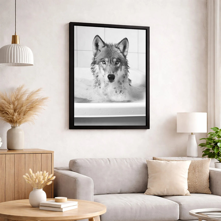 Wolf in Bathtub Wall Art | Whimsical Animal Bathroom Decor | Premium 1.25-Inch Canvas Print | Funny Wildlife Portrait Gift for Animal Lovers