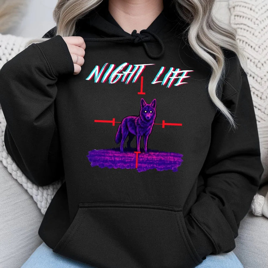 Night Life Wolf Hoodie | Neon Synthwave Crosshair Graphic | Cotton-Poly Blend Streetwear | Unisex Premium Gift for Wildlife Lovers