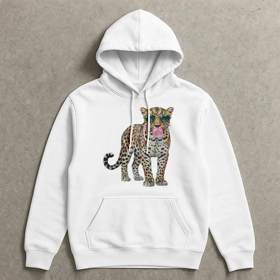Leopard Bubblegum Hoodie | Cute Animal Print with Heart Sunglasses | Soft Cozy Pullover | Unisex Gift for Leopard Lovers