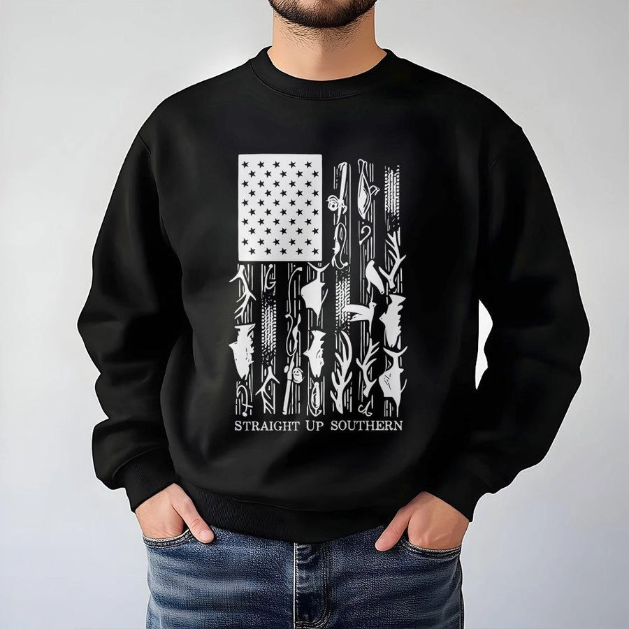 American Flag Fishing Sweatshirt | Patriotic Outdoor Wildlife Graphic | Premium Cotton Blend Crewneck | Southern Pride Gift for Outdoorsmen