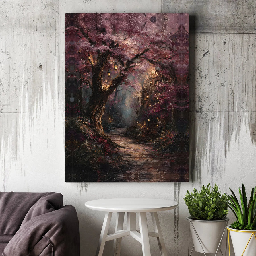Enchanted Forest Canvas Wall Art | Whimsical Cherry Blossom Path with Glowing Lanterns | Premium Gallery-Wrapped Print | Dreamy Nature Home Decor
