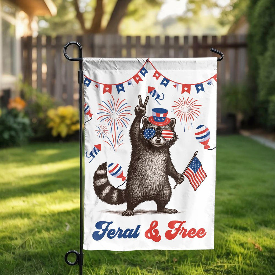 Patriotic Raccoon Garden Flag | Feral & Free Fourth of July Decor | Premium Weather-Resistant Polyester | Independence Day Yard Sign Gift