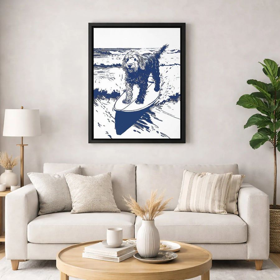 Surfing Doodle Dog Canvas Wall Art | Ocean Waves Sketch Print | Gallery-Quality 1.25 inch Stretched Canvas | Beach House Decor Gift for Dog Lovers
