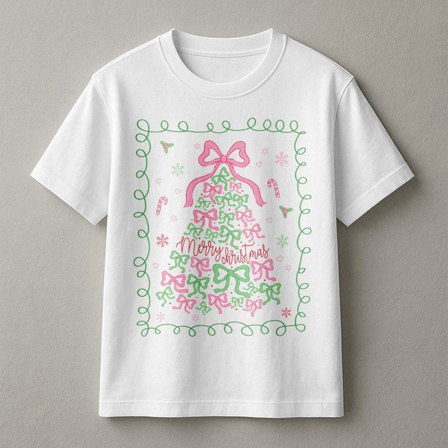 Coquette Christmas Tree T-Shirt | Pink Bow Holiday Graphic Tee | Premium Cotton Soft Crewneck | Festive Aesthetic Gift for Women