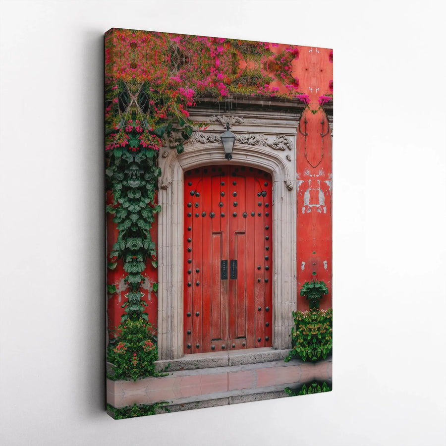 Red Door Canvas Wall Art | Mediterranean Architecture Print with Pink Bougainvillea | Premium 1.25 inch Gallery Wrap | European Home Decor