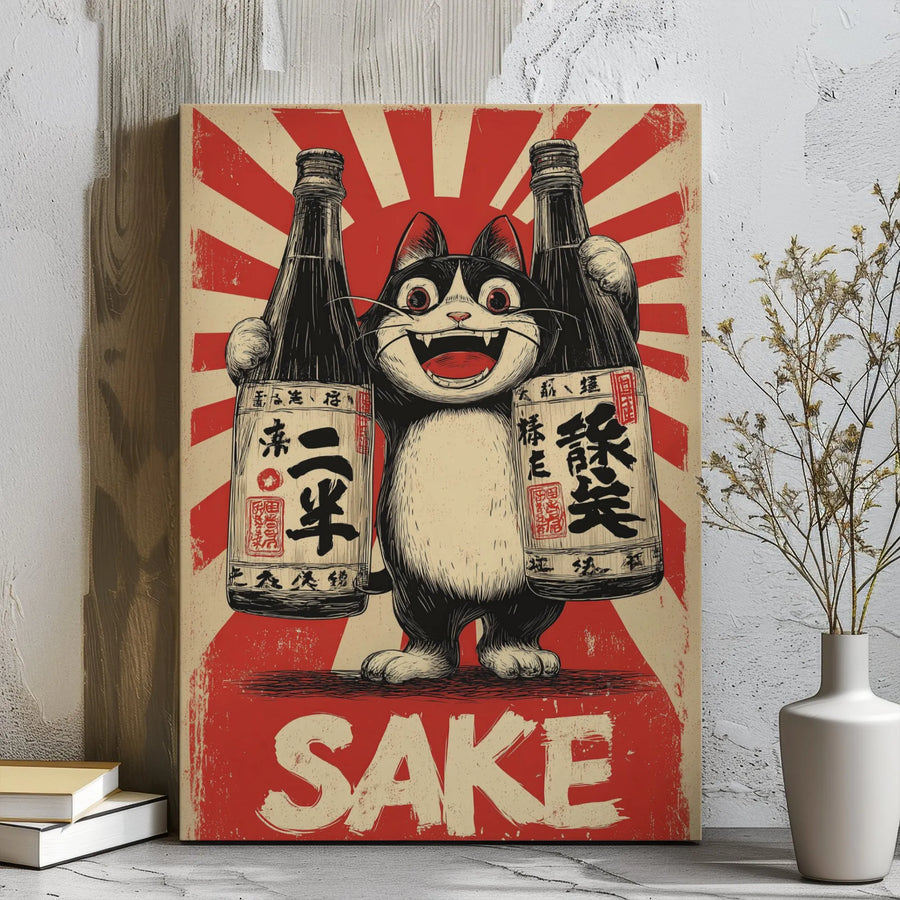 Japanese Sake Cat Canvas Wall Art | Vintage Retro Rising Sun Poster | Premium Gallery Wrap Decor | Unique Bar & Kitchen Gift for Cat Lovers