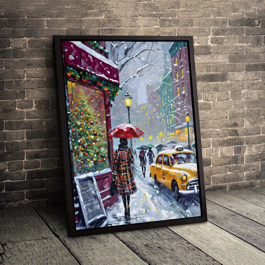 NYC Christmas Canvas Wall Art | Snowy Cityscape with Yellow Taxi & Red Umbrella | 1.25" Gallery Profile | Winter Home Holiday Decor Gift
