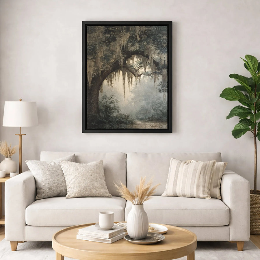 Southern Oak Tree Canvas Art | Misty Spanish Moss Landscape | Premium Gallery-Wrapped Print | Moody Nature Wall Decor for Living Room