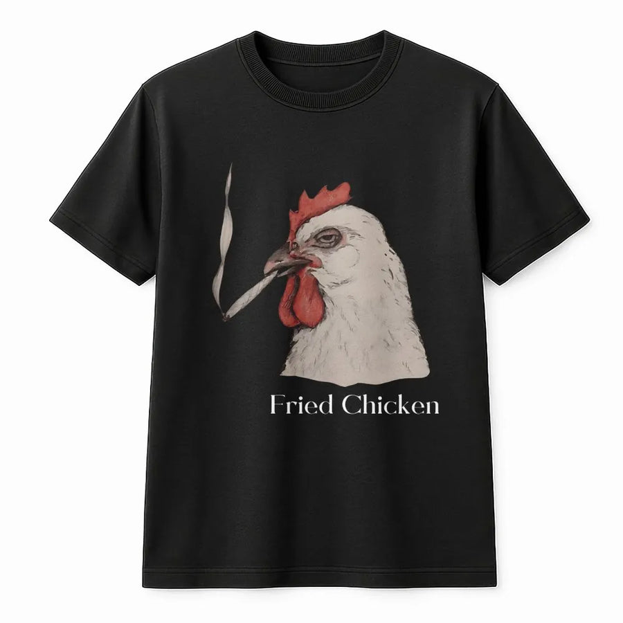 Fried Chicken Graphic T-Shirt | Smoking Rooster Funny Weed Design | Premium Soft Cotton Tee | Hilarious 420 Gift for Stoners and Friends
