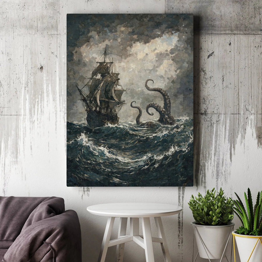 Kraken Sea Monster Canvas Art | Vintage Nautical Ship Storm Painting | Gallery-Quality Wall Decor | Epic Mythological Home Gift