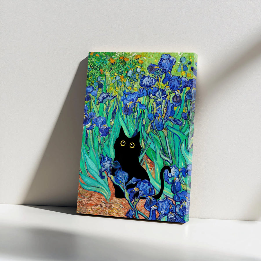 Black Cat Van Gogh Canvas | "Irises" Painting Parody with Funny Cat | Premium Thick Gallery Wrap | Collector's Gift for Art Lovers