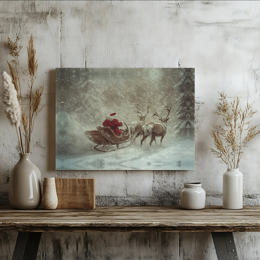Santa Sleigh Canvas Wall Art | Snowy Reindeer Christmas Scene | Premium Gallery-Wrapped Print | Festive Home Decor Gift