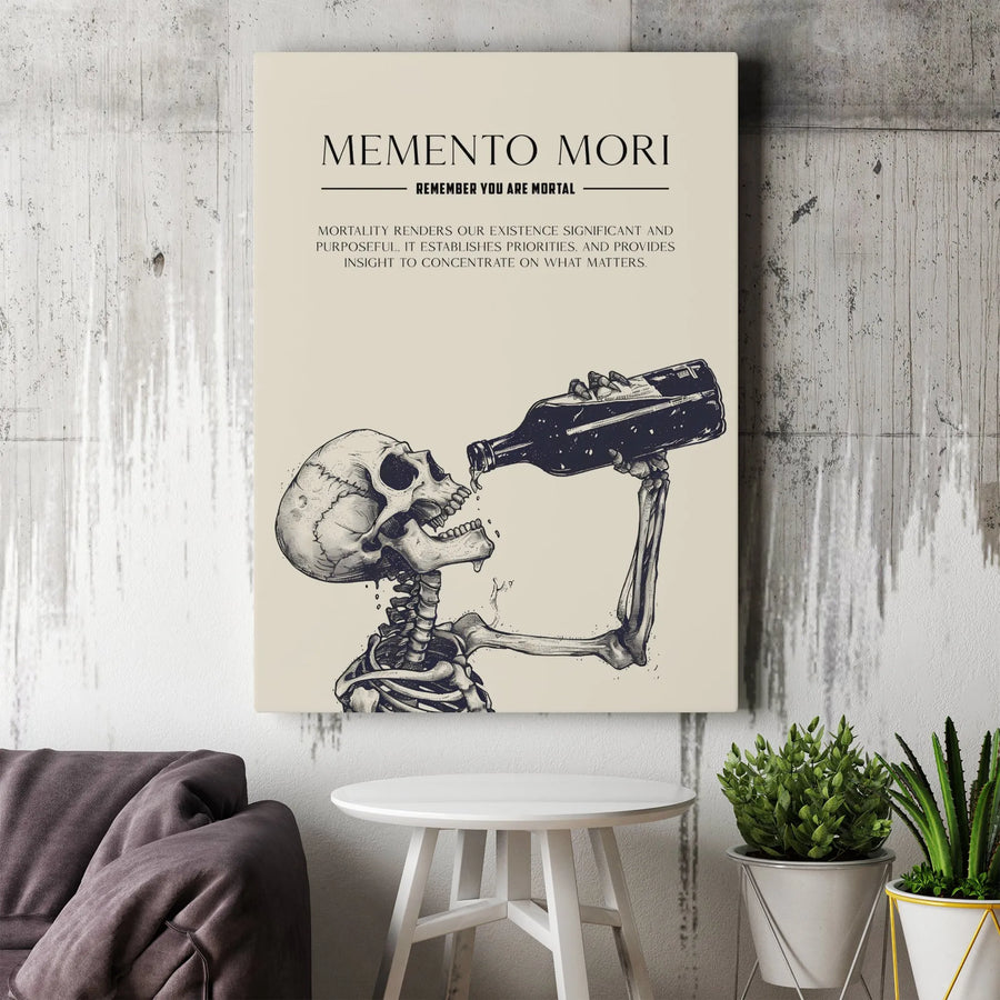 Memento Mori Canvas Art | Skeleton Drinking Bottle Wall Decor | Gallery-Wrapped Premium Print | Stoic Philosophy Gift for Office or Home