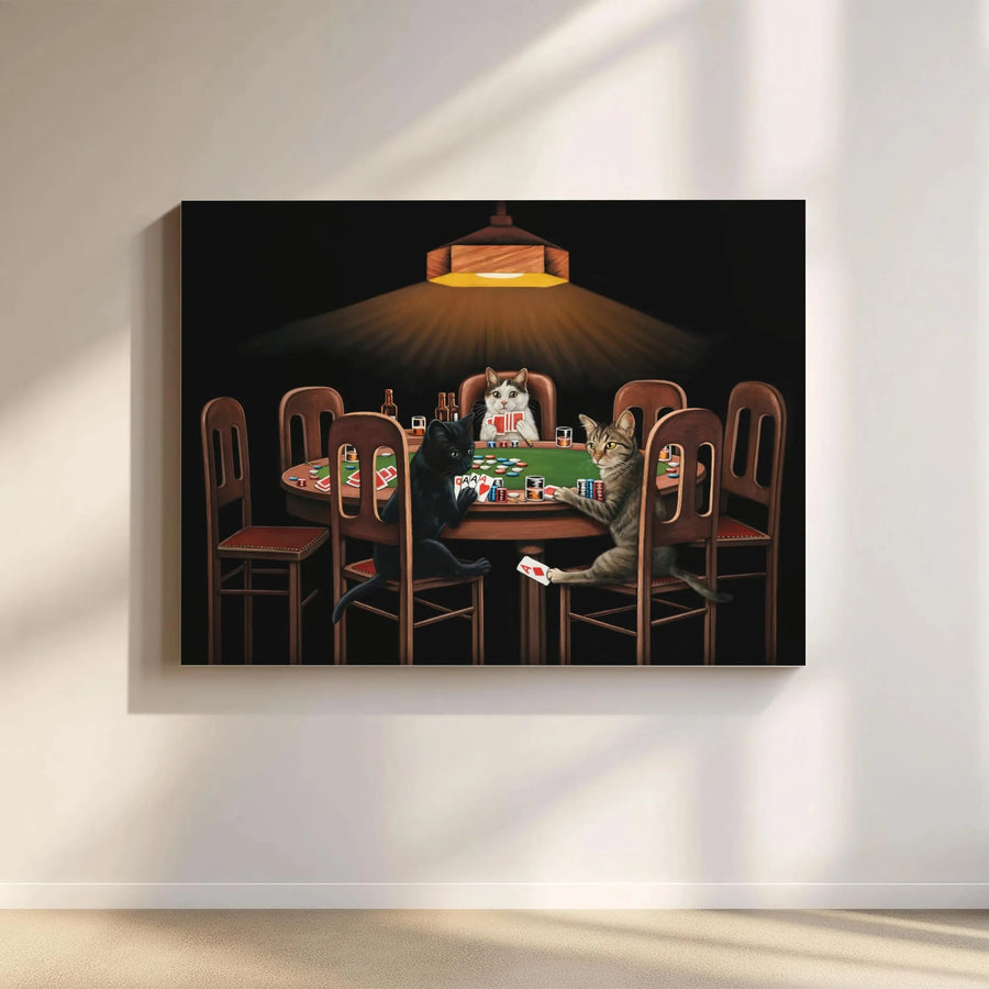 Cats Playing Poker Canvas Wall Art | Funny Animal Casino Oil Painting Parody | Premium Gallery Wrapped Print | Unique Gift For Cat Lovers & Gamers