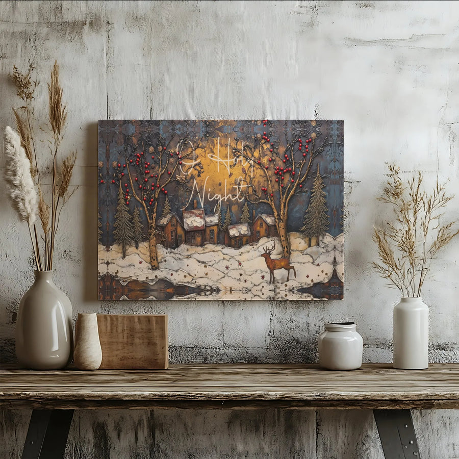 O Holy Night Canvas Print | Winter Village Deer Wall Art | Premium Gallery Wrapped Decor | Holiday Religious Home Gift