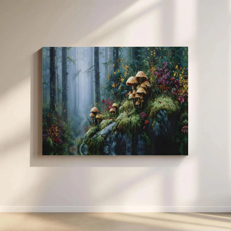 Misty Forest Canvas Wall Art | Magical Woodland Mushroom Scene | Premium Gallery Wrap Print | Nature-Inspired Home Decor Gift
