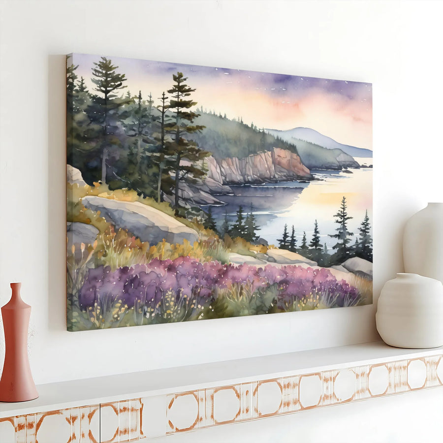 Coastal Landscape Canvas Art | Watercolor Pine Trees and Wildflowers | Premium 1.25 Inch Gallery Wrap | Serene Nature Wall Decor for Home