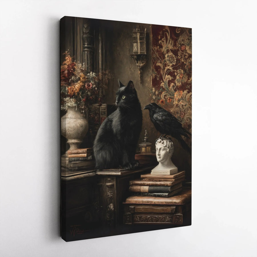 Gothic Black Cat and Raven Canvas | Dark Academia Library Art | Premium Fade-Resistant Wall Decor | Moody Gift for Book Lovers