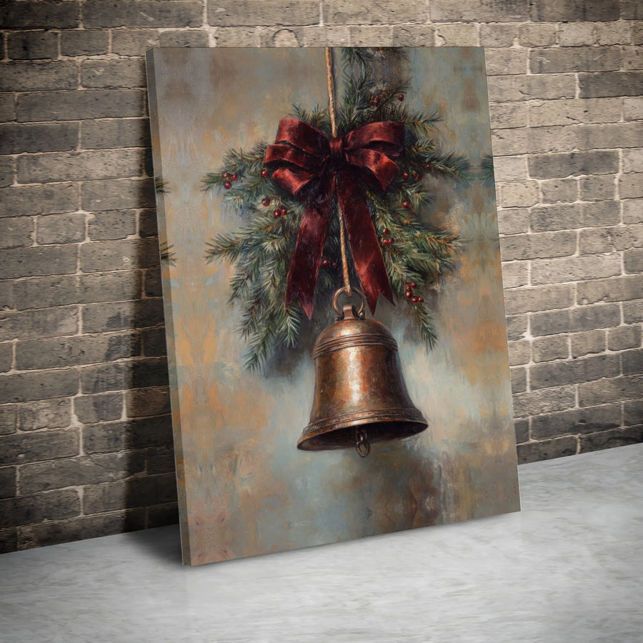 Vintage Christmas Bell Canvas Art | Rustic Pine Bough With Red Bow Print | Gallery Quality 1.25" Profile | Holiday Wall Decor Gift