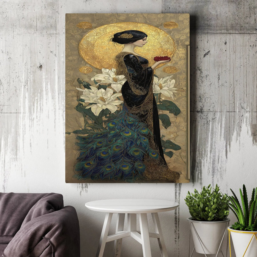 Art Nouveau Peacock Goddess Canvas | Elegant Woman Portrait with Golden Mosaic | Premium Matte Canvas Print | Sophisticated Home Decor Gift