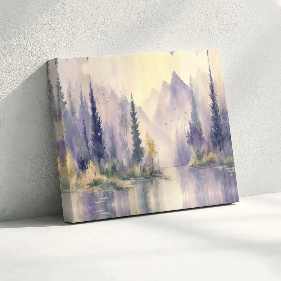 Misty Mountain Lake Canvas Wall Art | Watercolor Forest Landscape Painting | Premium Gallery Wrapped Canvas | Living Room & Bedroom Wall Decor Gift