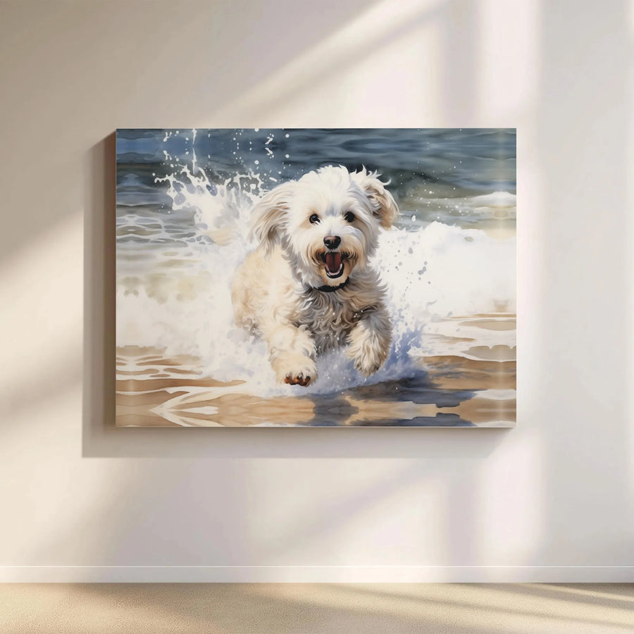 Happy Dog Canvas Print | Watercolor Painting of Dog Running on Beach | Premium Thick Gallery Wrap Art | Coastal Home Decor Gift for Dog Lover