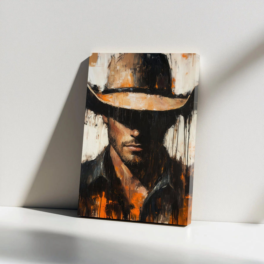 Western Cowboy Canvas Wall Art | Abstract Mysterious Man Portrait | Premium Gallery Wrap Print | Modern Rustic Home Office Decor Gift