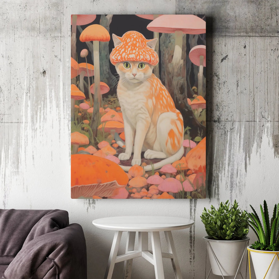Whimsical Mushroom Cat Canvas Art | Cute Cottagecore Wall Decor | Gallery-Wrapped Premium Print | Nature-Inspired Animal Gift for Cat Lovers