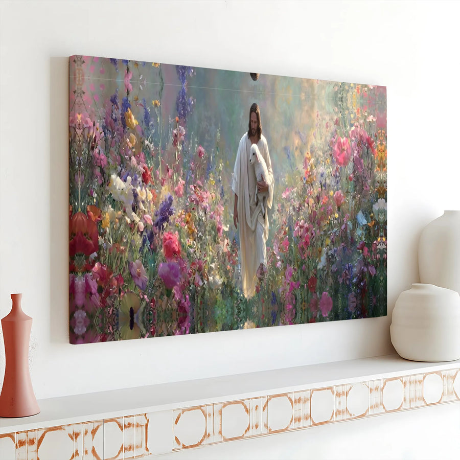 Jesus and Lamb Canvas Print | Walking in Wildflower Meadow Art | Premium Gallery Quality Canvas | Christian Home Decor Religious Gift