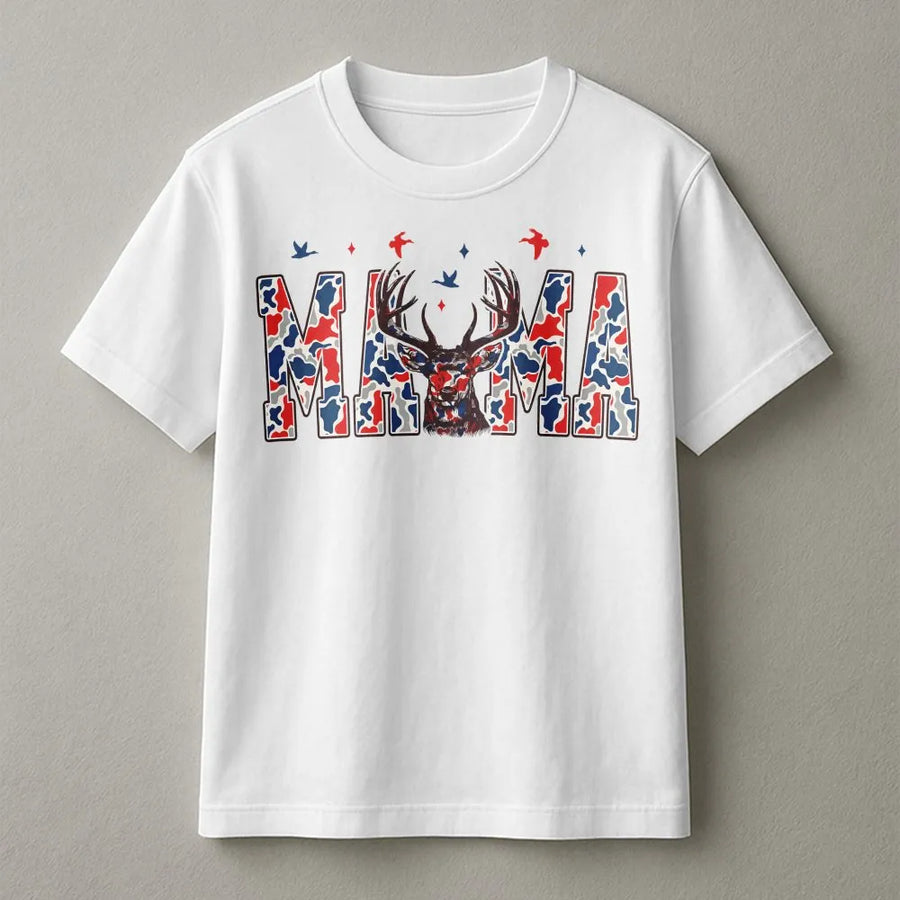 Camo Mama T-Shirt | Patriotic USA Flag Deer Graphic | Soft 100% Cotton | 4th of July Gift for Hunting Mom