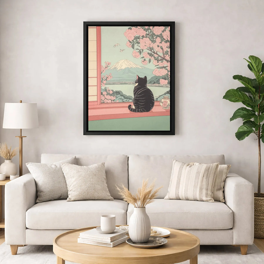 Japanese Ukiyo-E Cat Canvas Print | Mount Fuji Cherry Blossom Wall Art | Premium Gallery-Wrapped Decor | Unique Gift for Cat Lovers