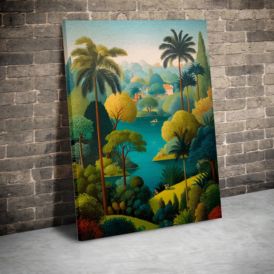 Vintage Tropical Landscape Vertical Canvas | Lush Jungle River Art Print with Palm Trees | Premium 1.25" Gallery Wrap | Vibrant Nature Wall Art Decor for Living Room Gift