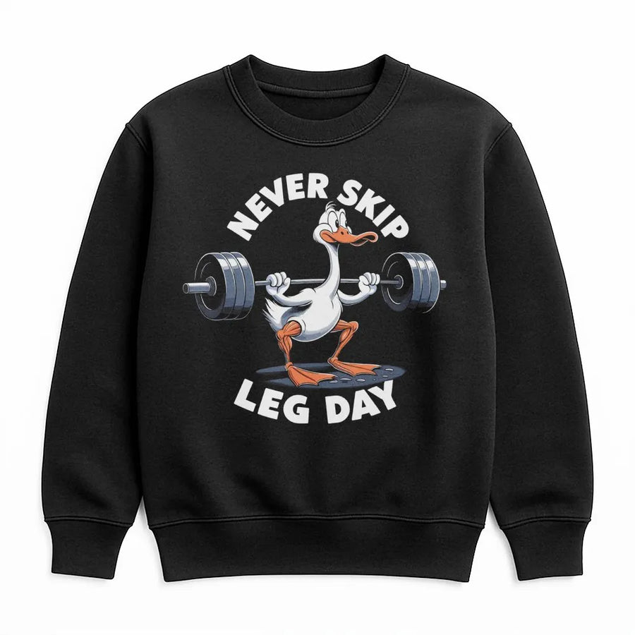 Never Skip Leg Day Sweatshirt | Funny Weightlifting Goose Graphic | Premium Cotton Blend Crewneck | Gym Motivation Gift for Men and Women